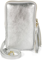 styleBREAKER Ladies Leather Cell Phone Shoulder Bag Soft Suede, Zipper, Genuine Leather Mini Bag 02012373, Colour:Silver